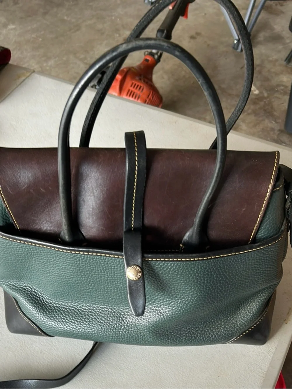 Two-Tone Green and Brown Leather Dooney & Burke Satchel Handbag